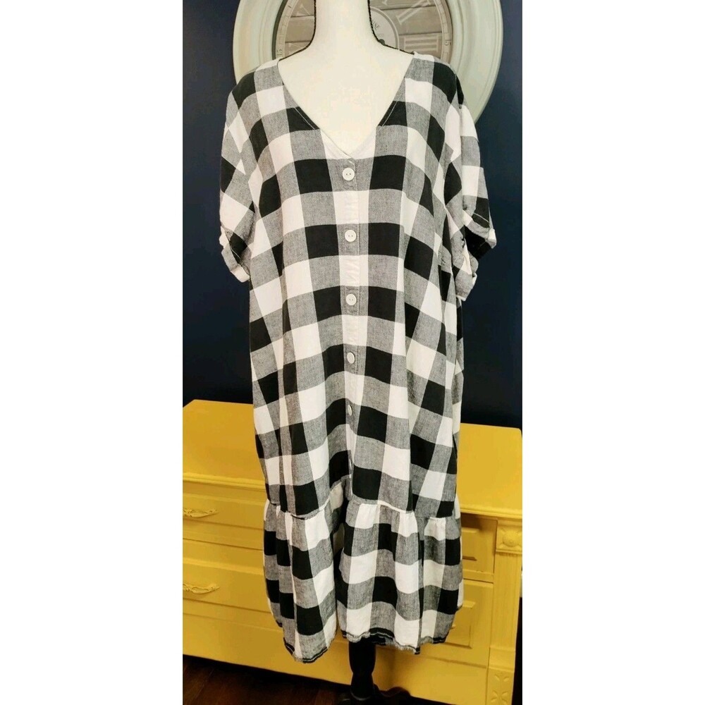 C Est 1946 Linen Rayon Blend Dress Size 26/28 Plus Gingham Black White Pockets